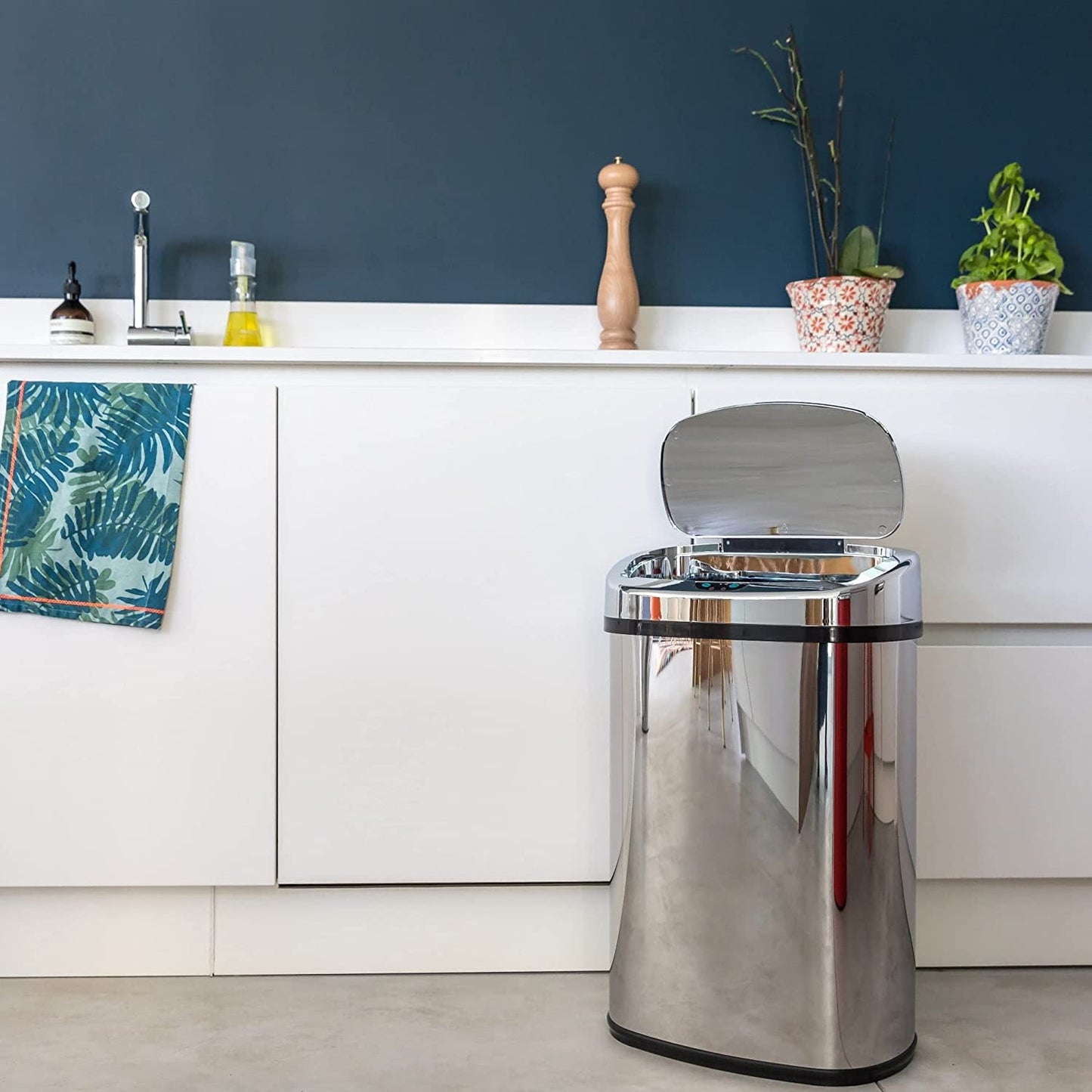 Poubelle de Cuisine Automatique - Fonctionnement sans Contact - Utiliser la Batterie - Grande Capacité 58L en Inox - Argent